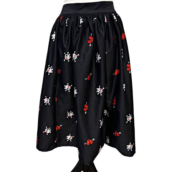 Unique Vintage Gellar Swing Midi Skirt Gothic Skull Heart Flare Bottom Halloween - Picture 5 of 9